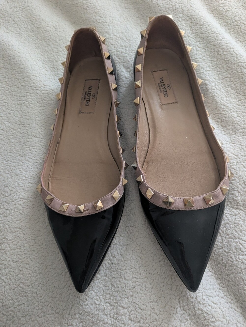 Valentino Black Patent Ballet Flat with Blush Trim and Gold Studs